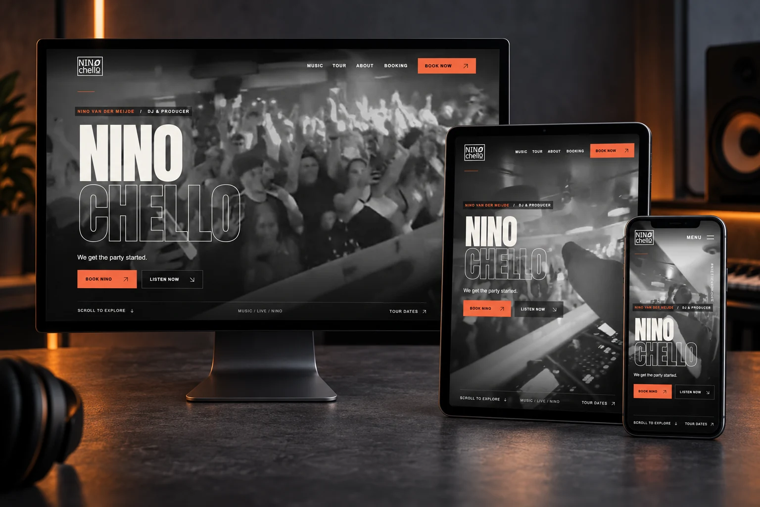 De website van NinoChello op desktop, iPad en smartphone